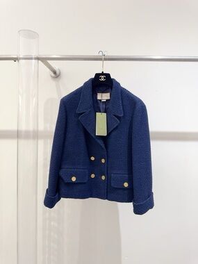 🚩steal Gucci Navy Bouclé Double-Breasted Blazer with Gold Buttons